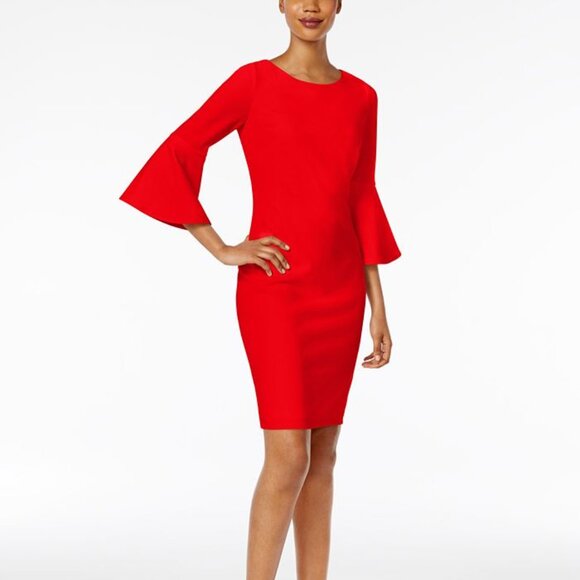 CALVIN KLEIN Petite 3/4 Bell-Sleeve Scuba Crepe Sheath Dress - Picture 2 of 2